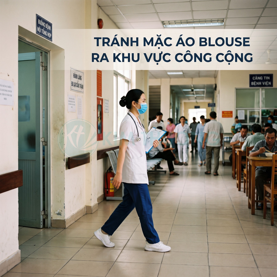 Nữ nhân viên y tế mặc áo blouse trắng đeo khẩu trang đi trong hành lang bệnh viện đông bệnh nhân